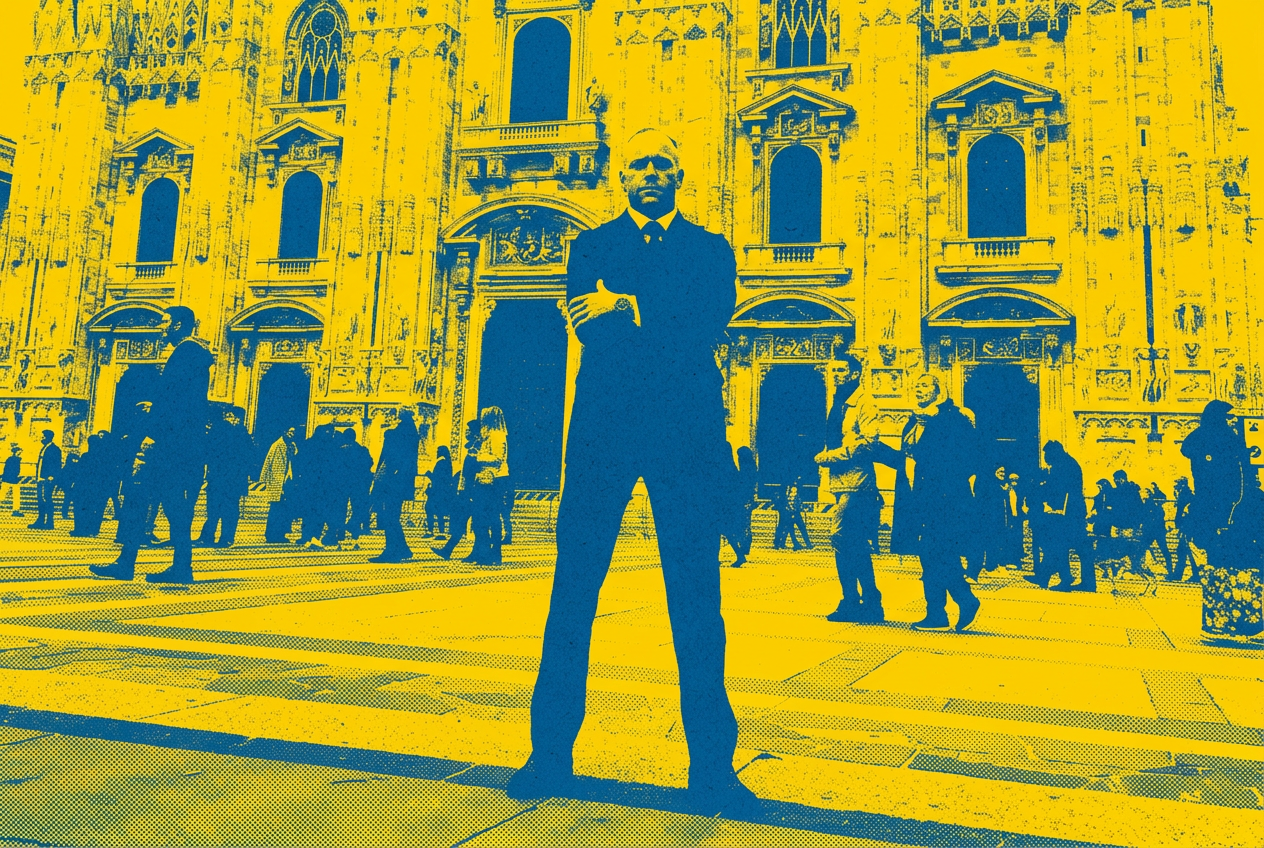 Lo Svedese, Niklas Lindahl, ritratto brutalista duotone in Piazza del Duomo Milano